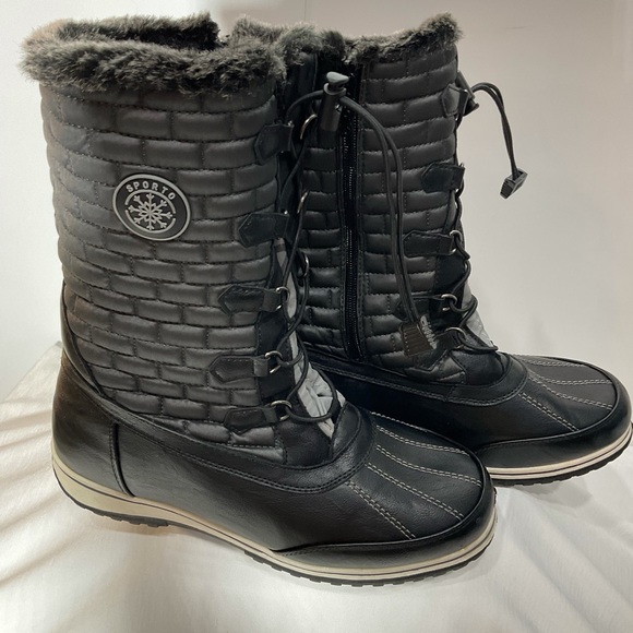 Sporto Alaska black quilted snow boots w/lace-up design w/sturdy metal d-rings - Picture 5 of 13